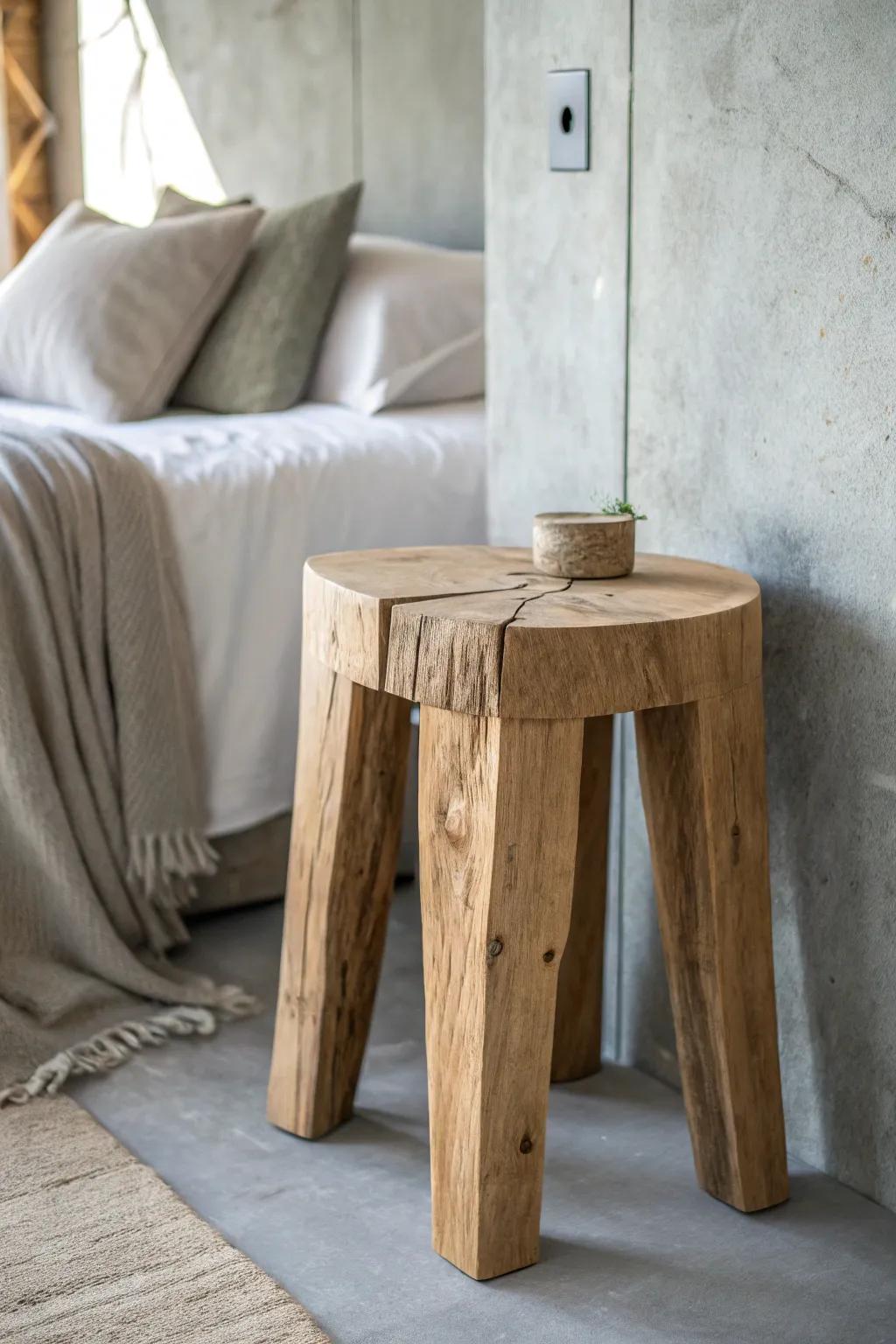 Concrete-grey calm meets raw wood warmth: a handcrafted bedside stool for an industrial mix.