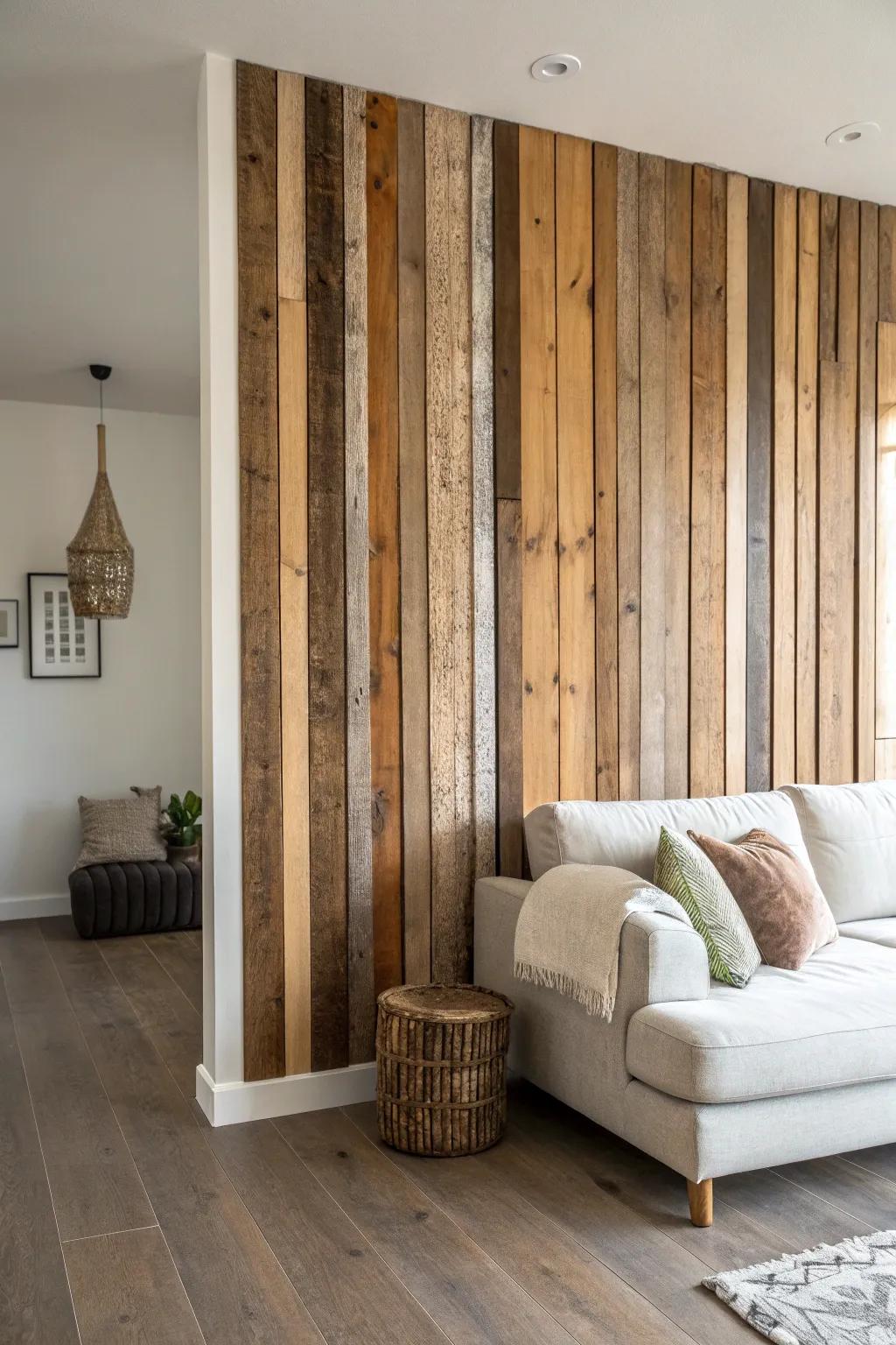 Warm reclaimed wood slats add instant architecture and contrast against cool gray floors.
