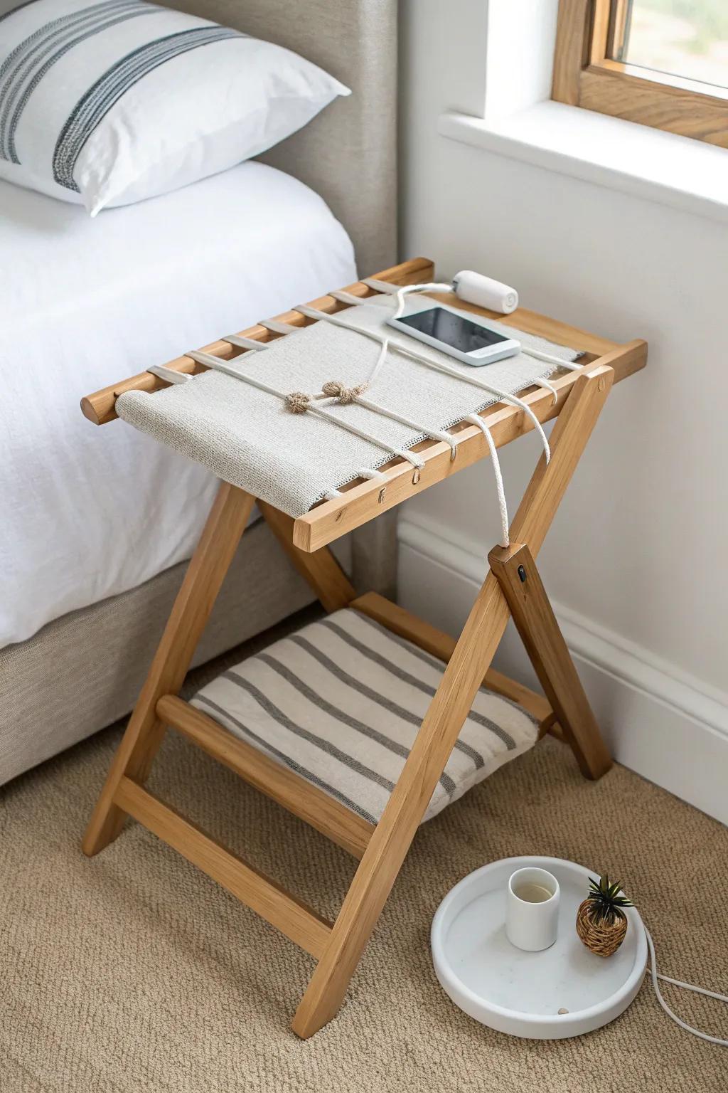 A guest-room luggage rack with a charging ledge—simple, tidy, and so satisfying to use.