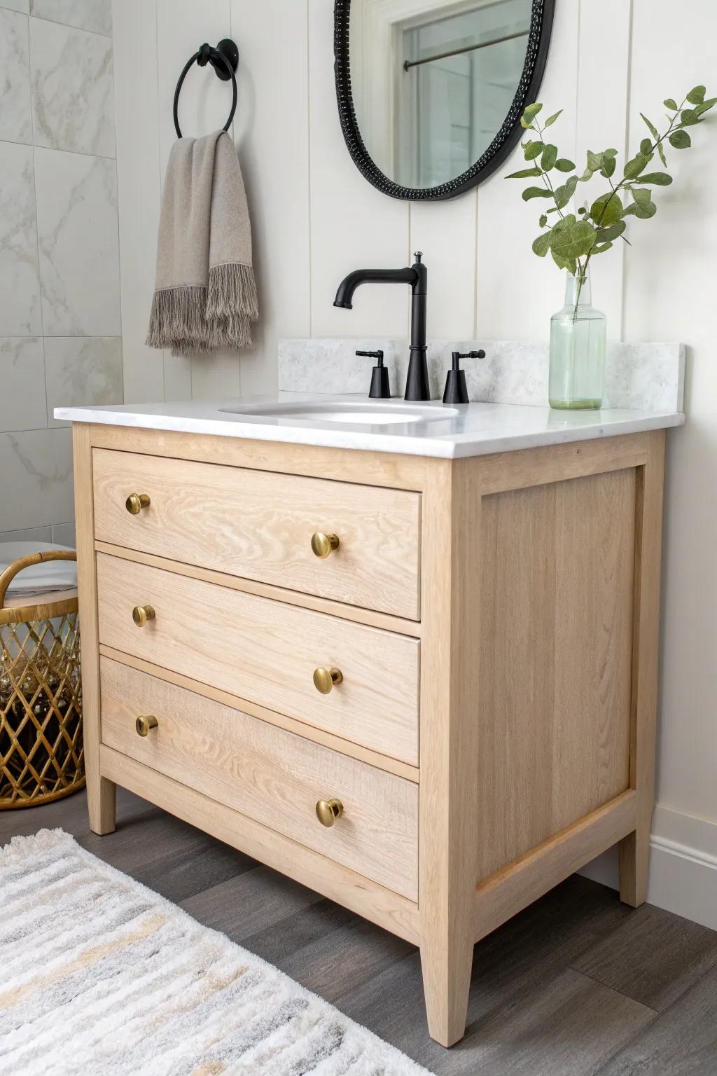 Upcycled dresser vanity: fresh top + brass pulls for a one-of-a-kind half bath centerpiece.