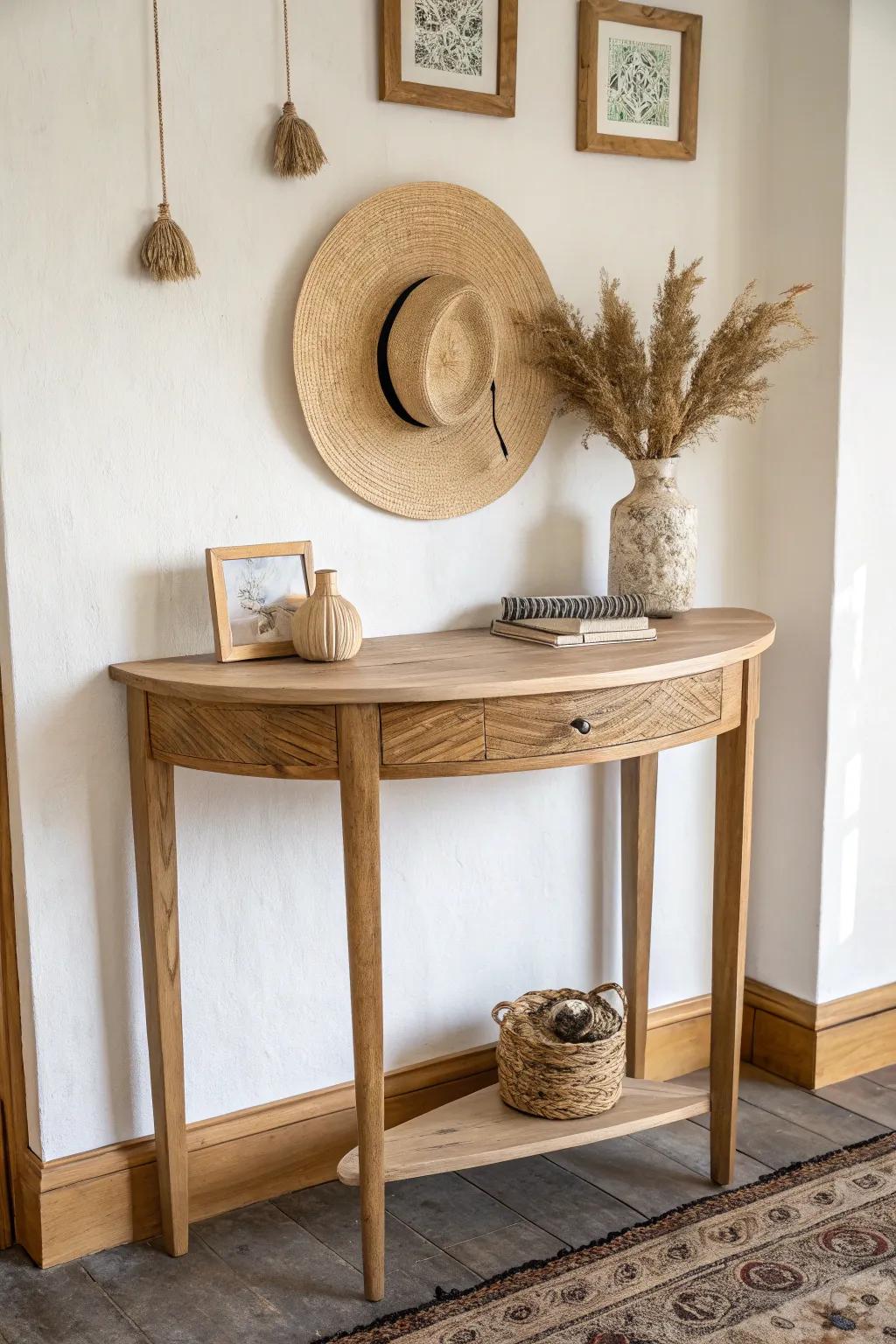 Layer wall hooks above your half moon table for a cozy, purposeful entryway moment.