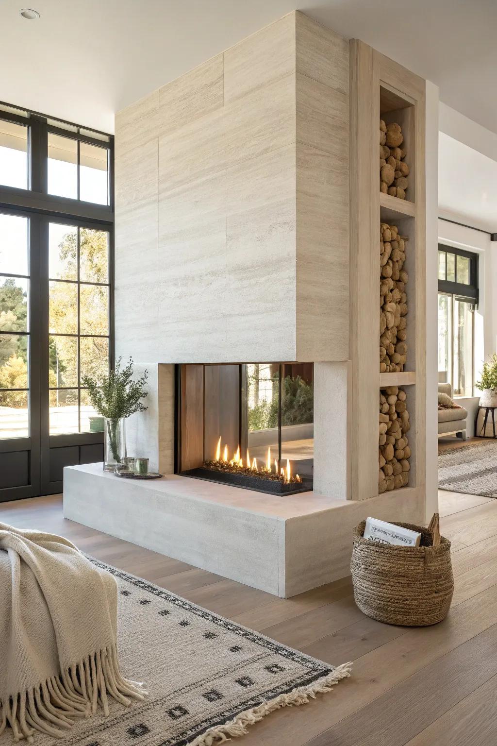 Double-sided half wall fireplace divider—minimal, handcrafted, and glowing in two rooms.