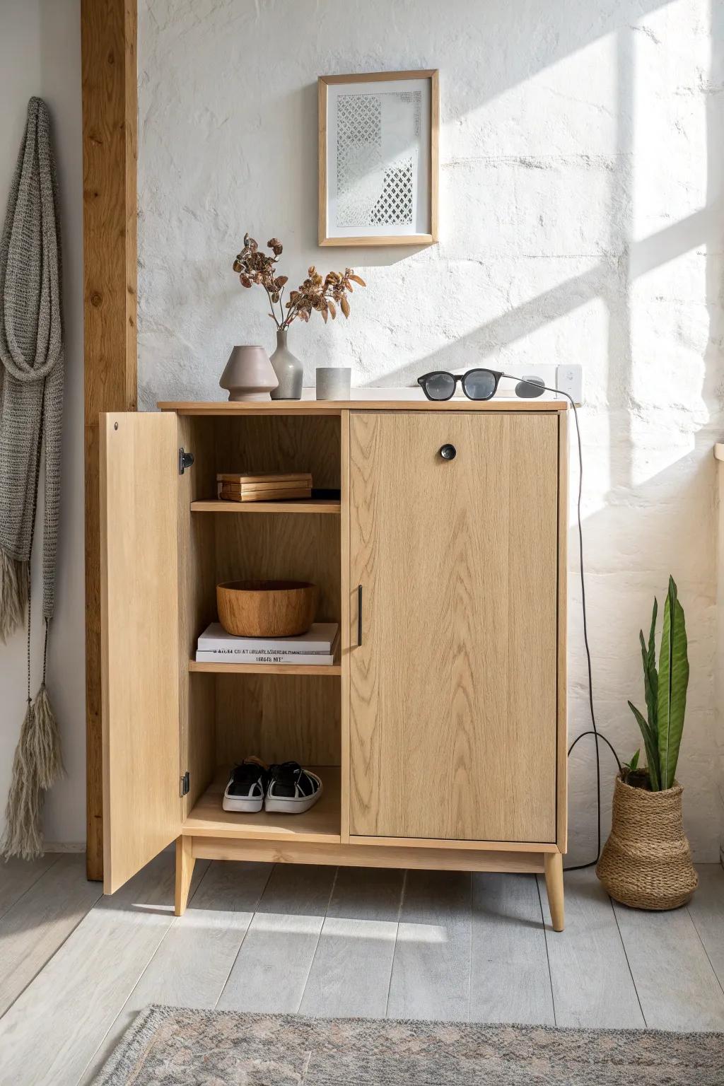 A hidden hallway charging cabinet with a tidy cord slot—calm, minimal, and clutter-free.