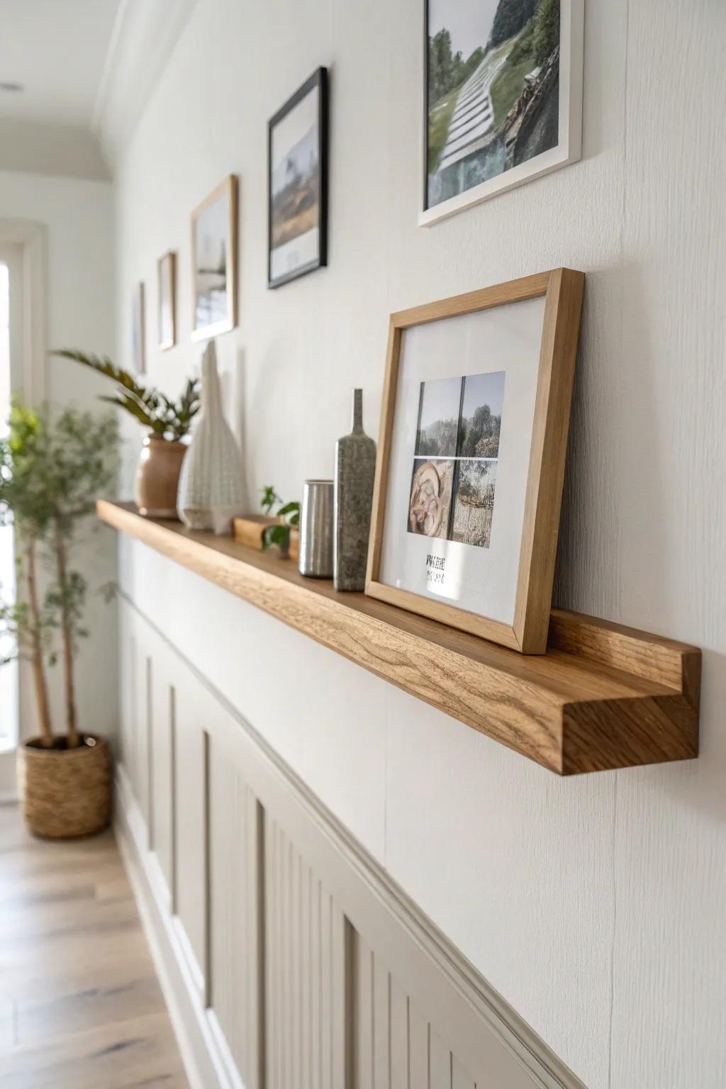 A slim oak picture ledge keeps hallways calm—swap art anytime, no extra nail holes.