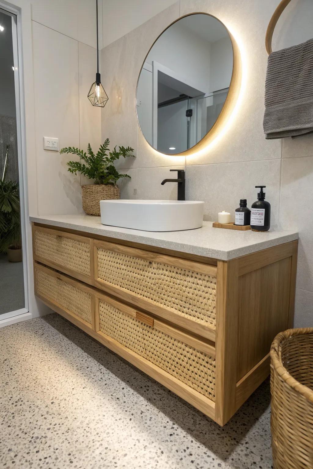 Soft toe-kick LED glow under a wheelchair-friendly vanity keeps nighttime bathroom trips safer.