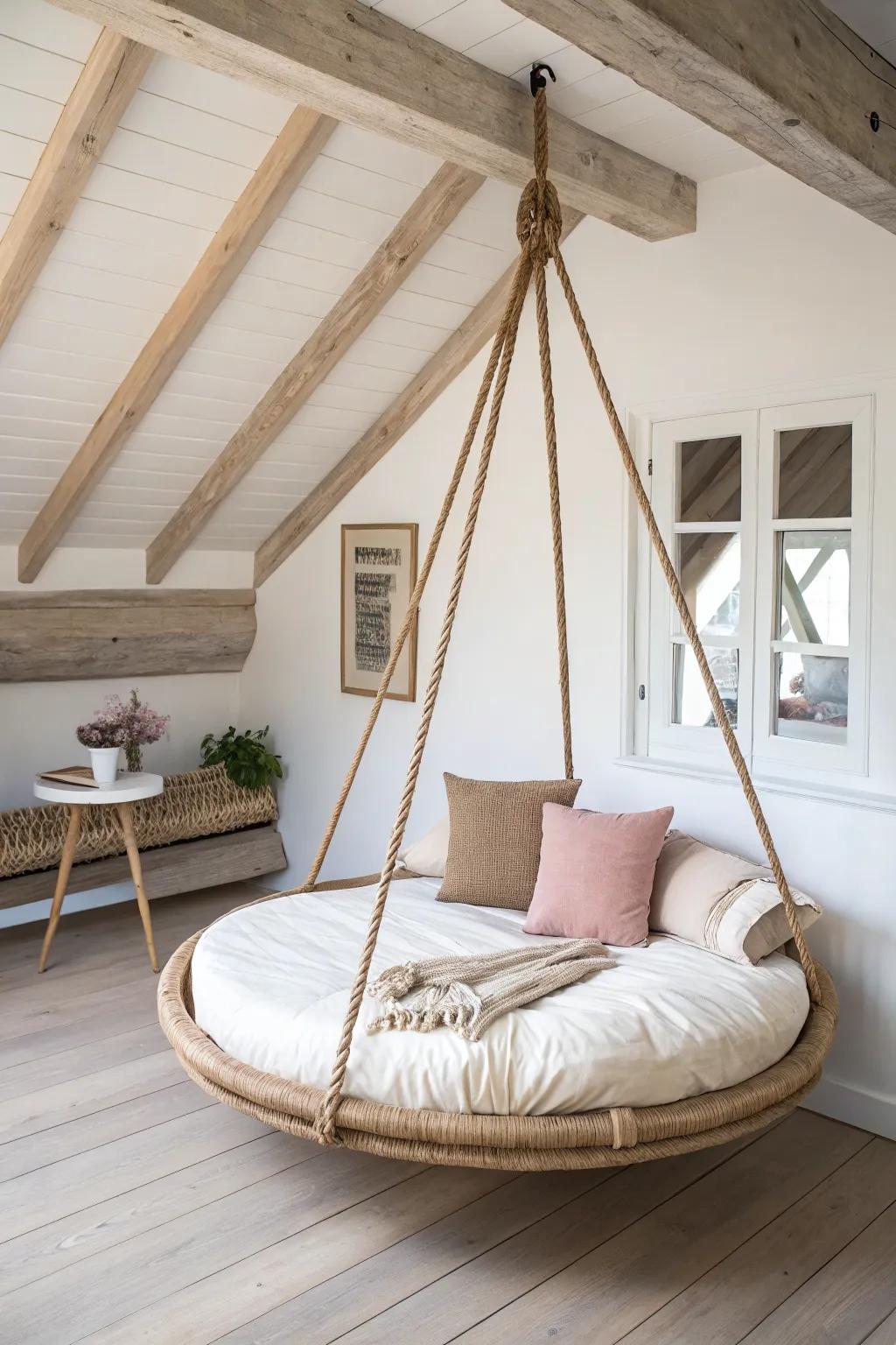 Round nest-style hanging bed: curved wood ribs, cozy linen cushion, and airy Scandinavian calm.