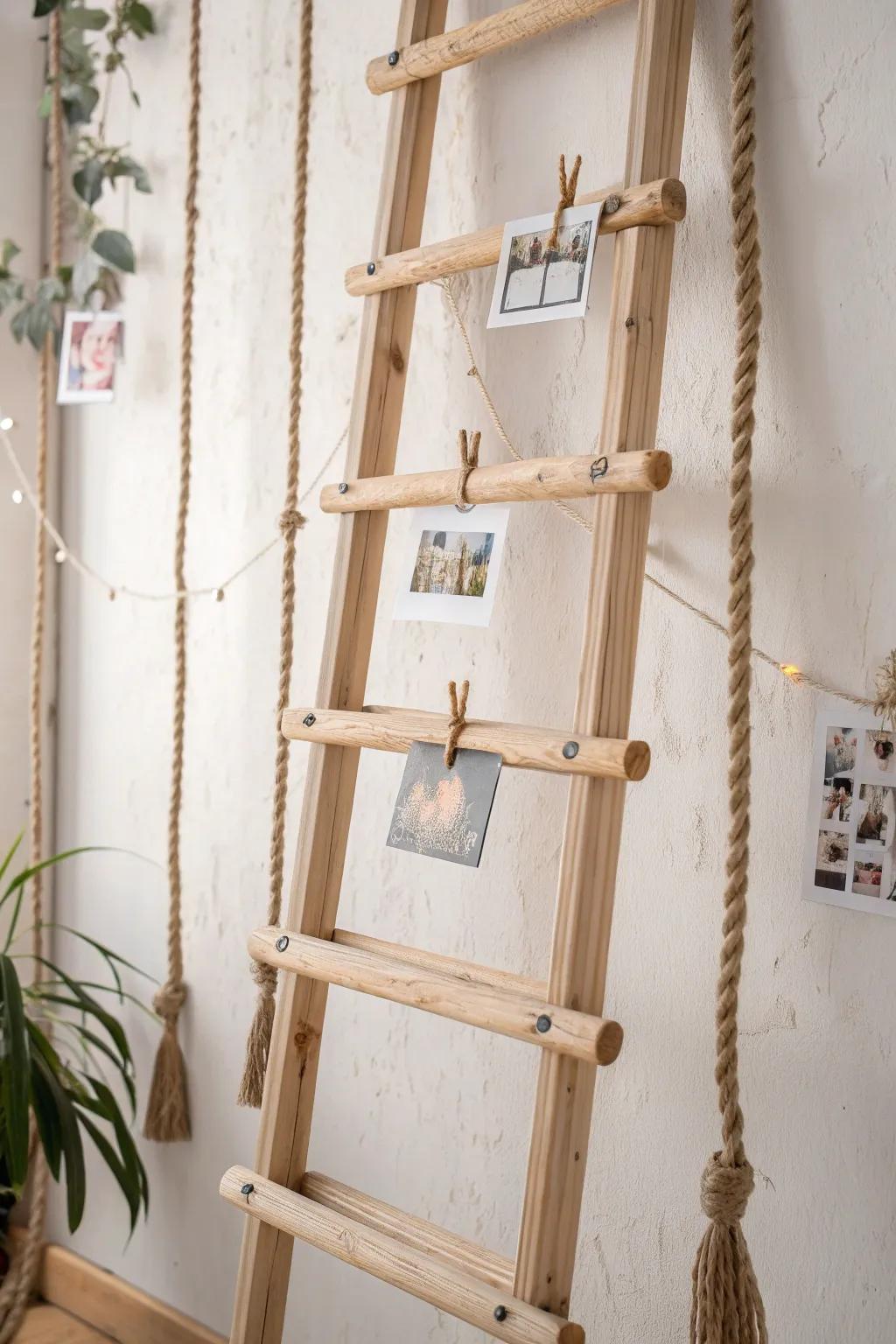 A hanging ladder memory lane—swap photos and postcards anytime, no wall holes needed.