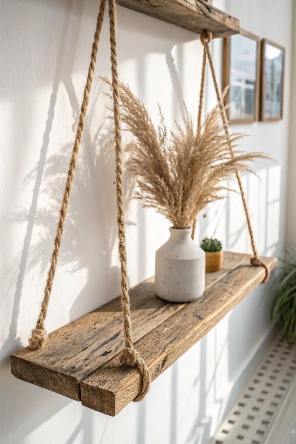 Reclaimed pallet hanging shelf with rustic marks and soft boho styling—simple, warm, and handmade.