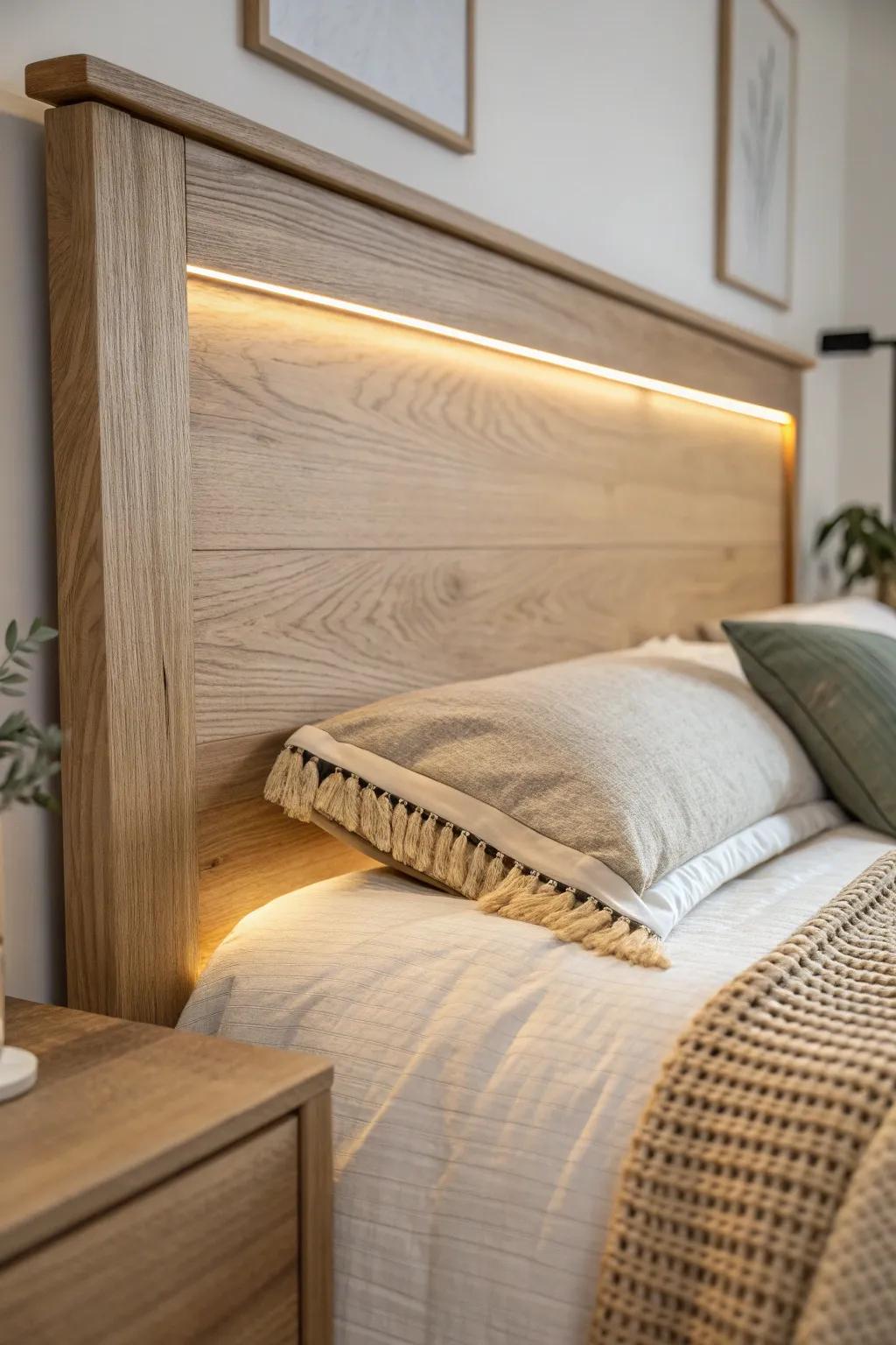 Subtle motion-sensor glow under the headboard—warm, practical, and beautifully minimal.