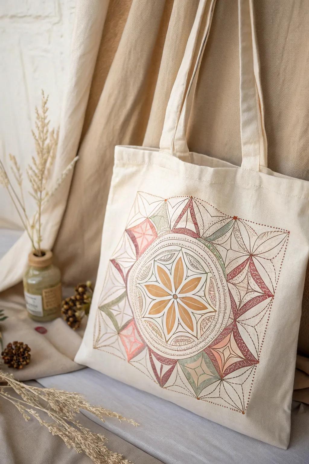 Transform your canvas bag with elegant geometric HTV designs for a touch of minimalist chic.