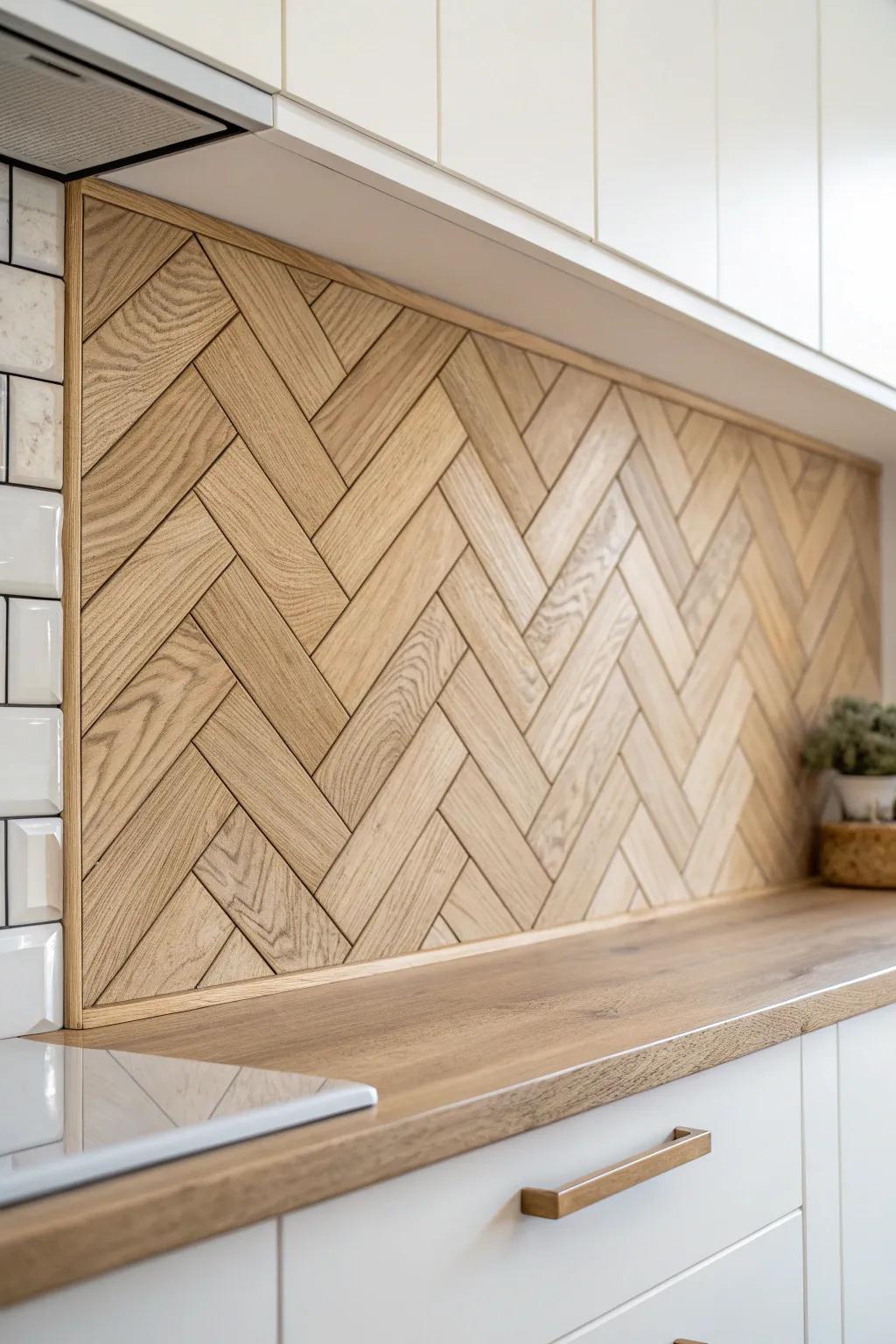 A crisp border frame makes a herringbone wood backsplash feel polished and built-in.