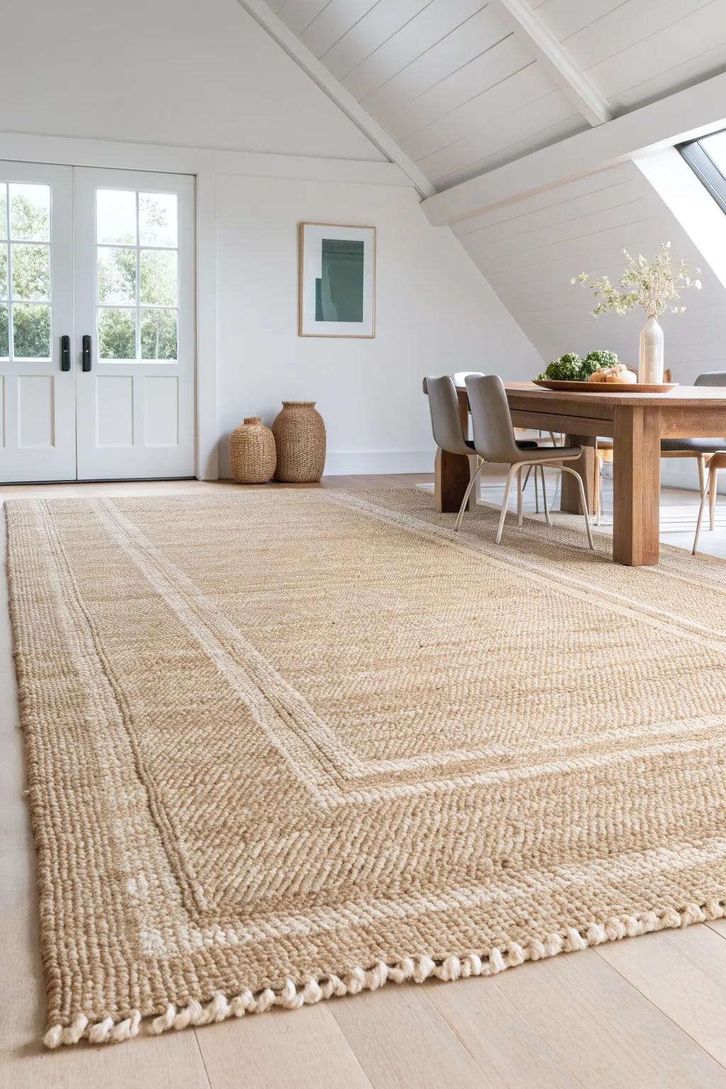 An oversized rug anchors the dining zone, making a high-ceiling room feel calm and cozy.