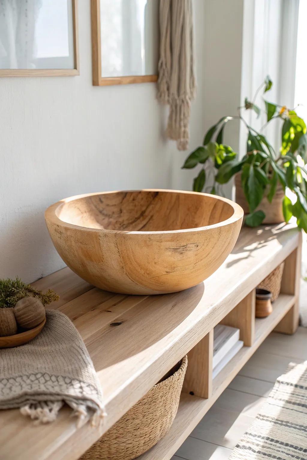 An oversized wooden dough bowl anchors a high shelf with calm, effortless Scandinavian warmth.