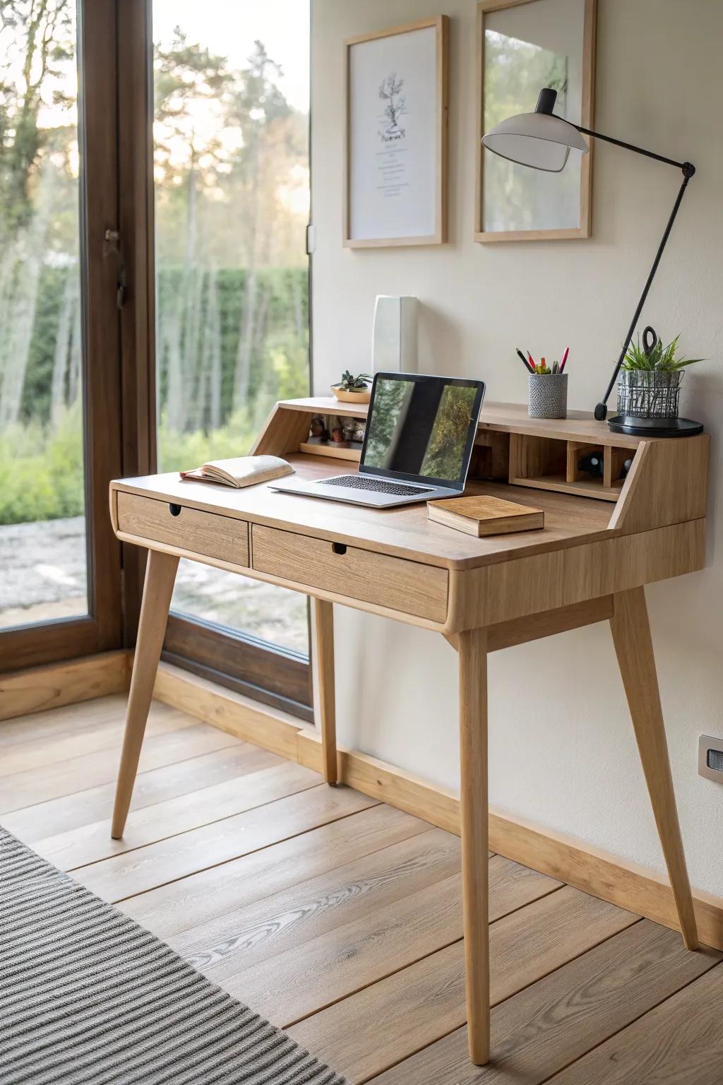 A sleek wood hobby desk with a hidden vacuum port—sweep dust away in seconds, stay serene.