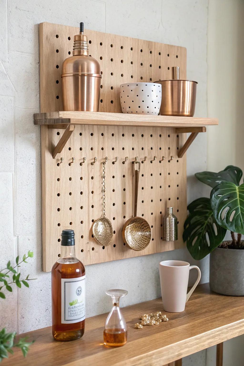 Wood-framed pegboard back bar: stylish storage for bar tools and mugs, countertop stays clear.