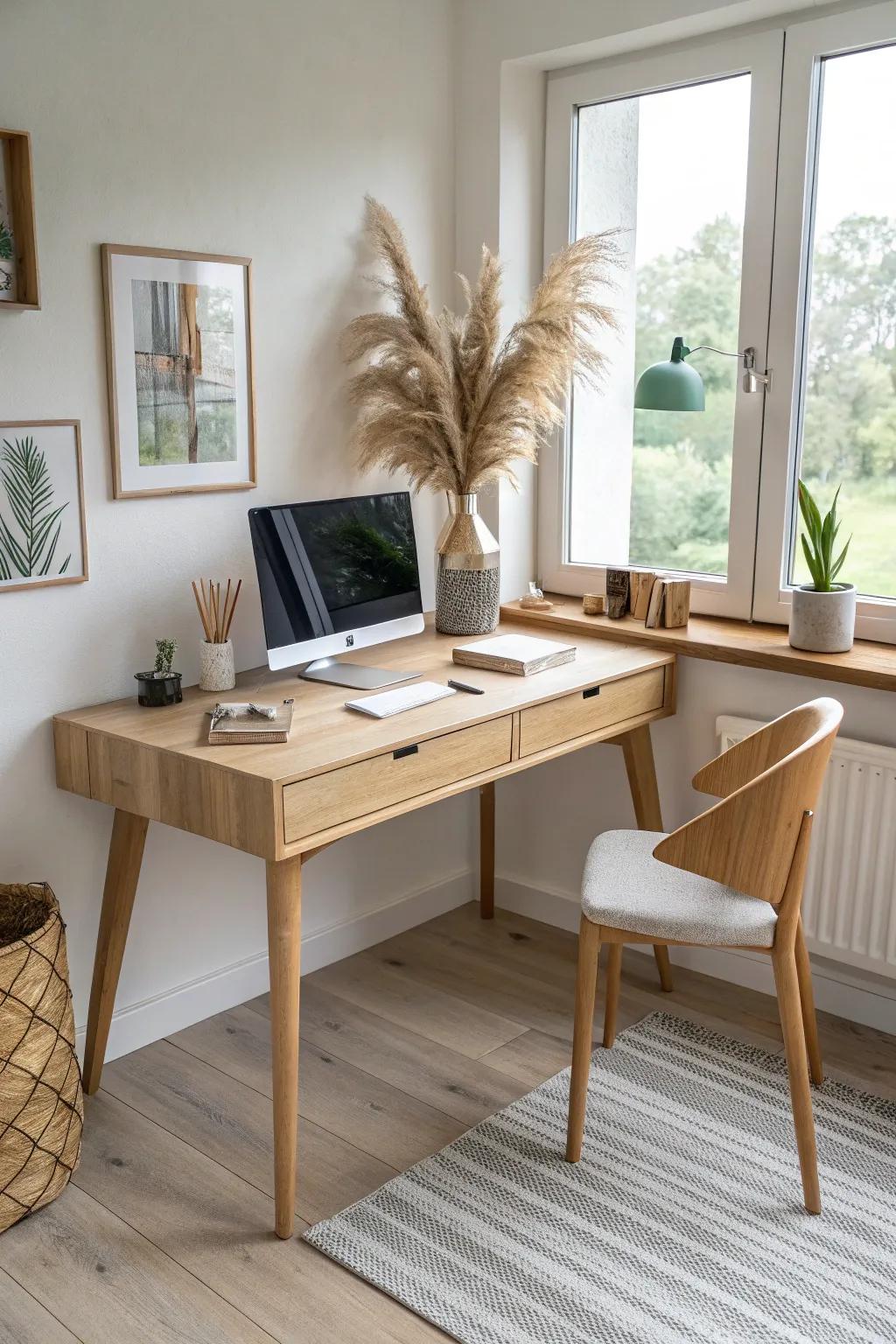 A space-saving L-shaped corner desk in warm plywood—minimal, handmade, and beautifully calm.