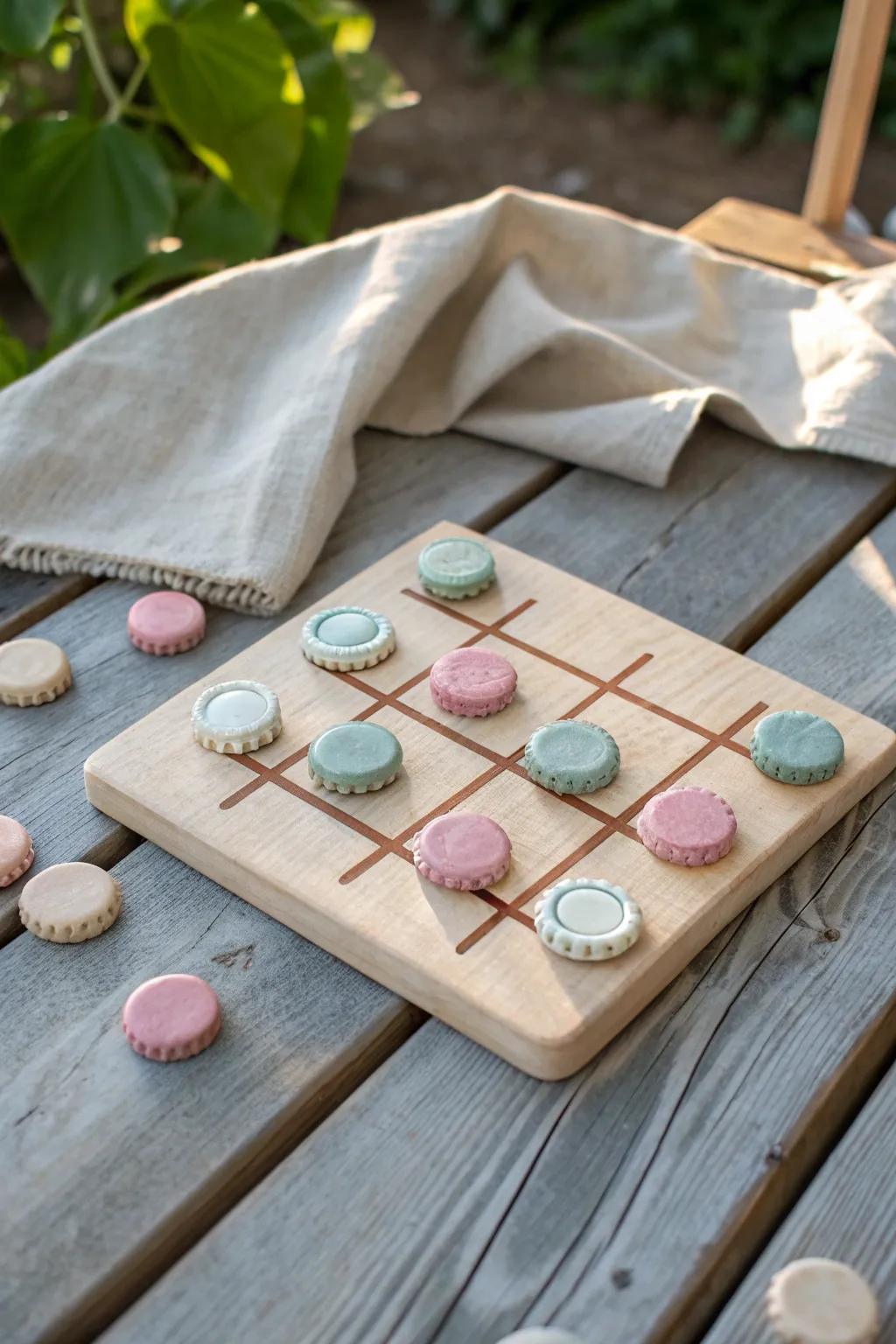 Elevate playtime with this charming DIY Bottle Cap Tic-Tac-Toe game, perfect for a touch of natural elegance.