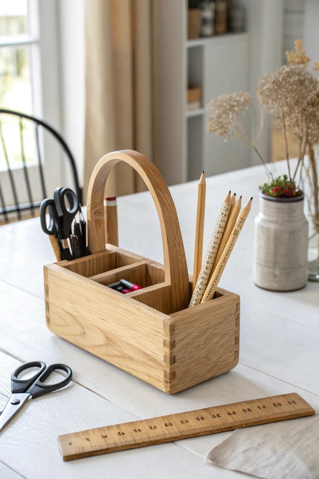 A handcrafted wooden caddy corrals homeschool tools—then lifts away fast when dinner’s served.