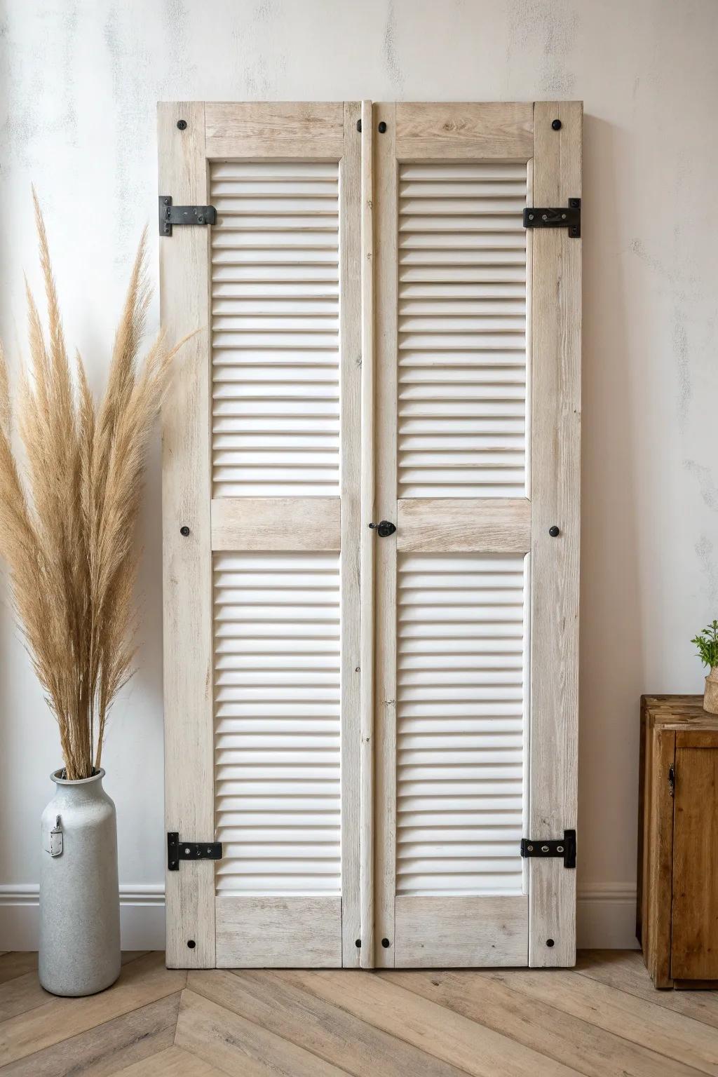 Upcycled louvered shutters become a lightweight gate—airy slats, clean frame, rustic hardware.