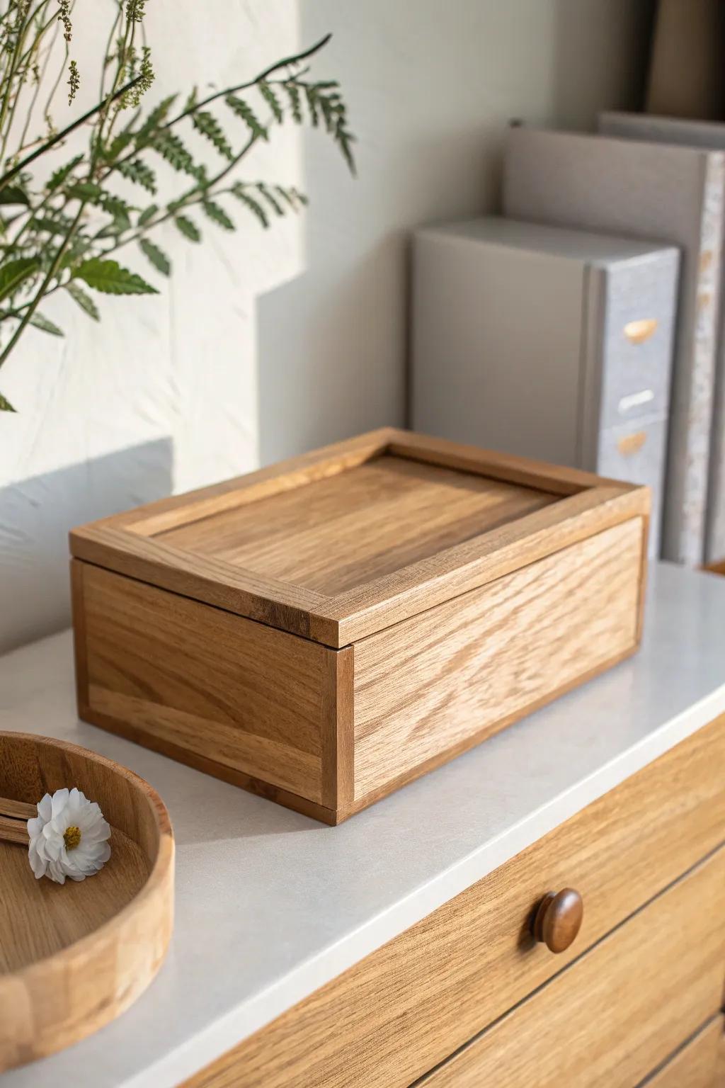 A handcrafted sliding-lid box keeps dresser-top clutter hidden—beautiful, simple, serene.