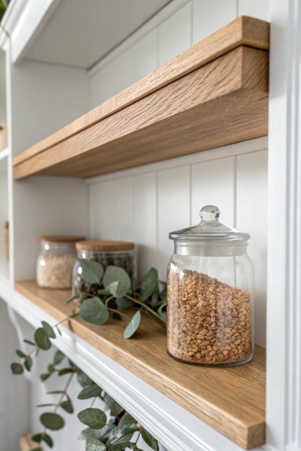 Deep shelves, solved: a simple oak backstop rail and front lip keep jars neatly in reach.
