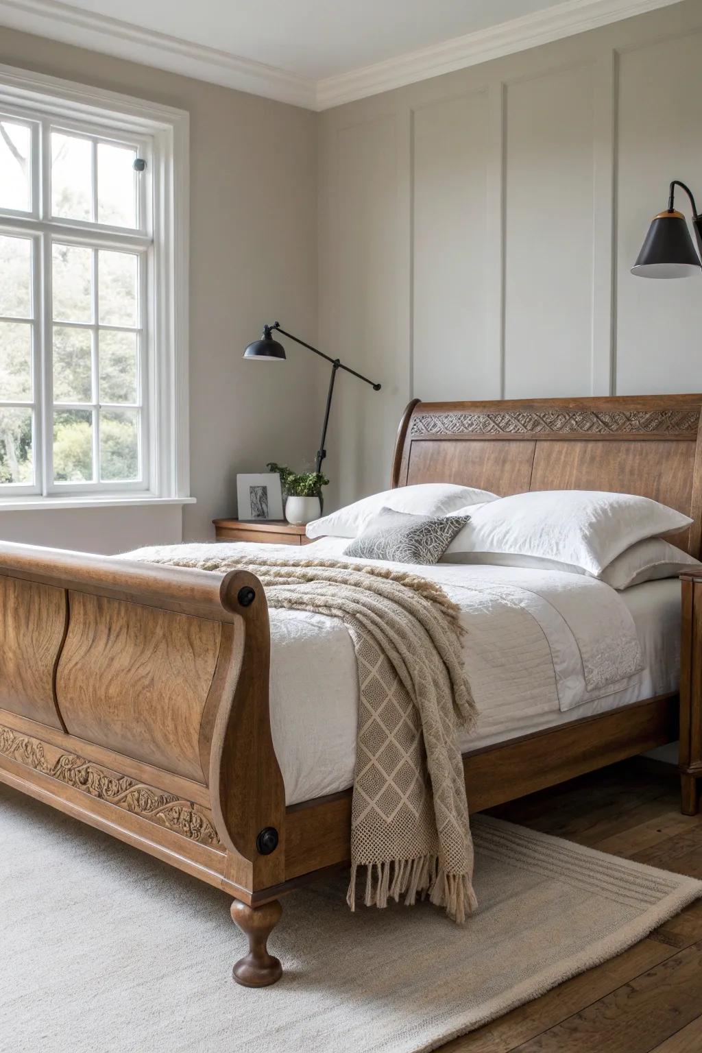 Rustic sleigh bed + slim matte-black metal accents: an easy way to keep the look fresh.