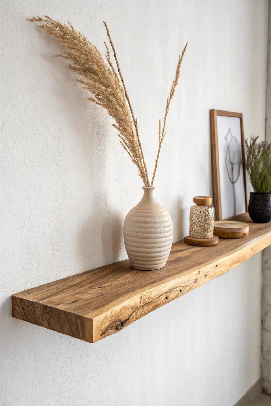 A floating live-edge shelf with hidden supports—organic texture with clean, minimalist ease.