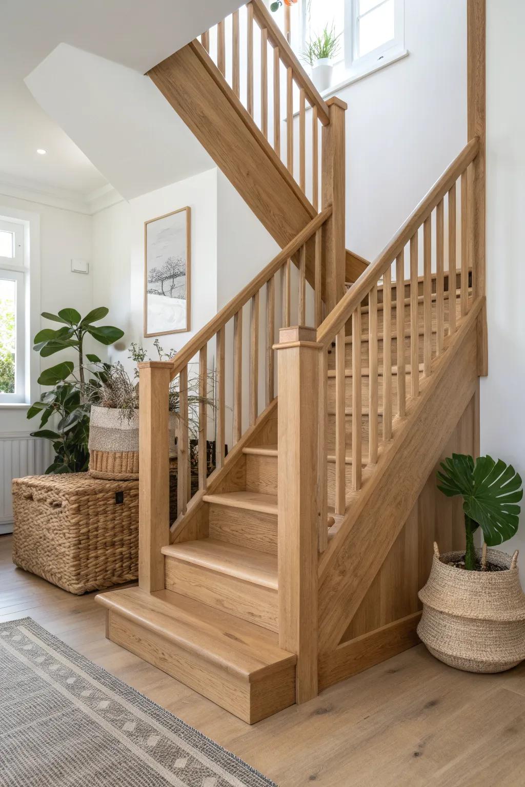Half-landing “pause point” stairs—an airy oak break in the climb with space for plants and baskets.
