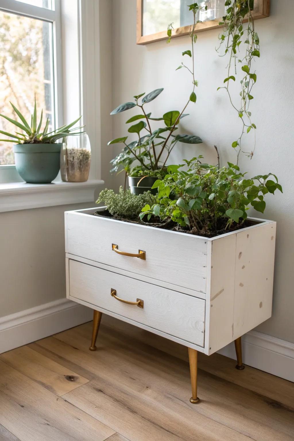 Upcycled drawer planter box: vintage charm with a hidden liner for mess-free indoor greenery.