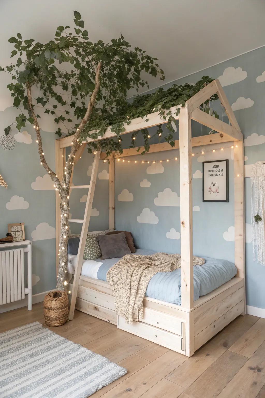 Birch platform “treehouse” with faux leafy canopy and soft sky mural for an airy indoor escape.