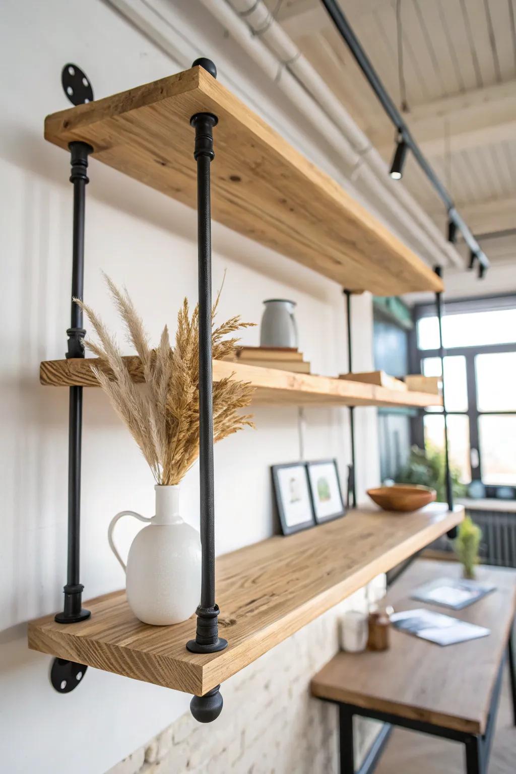 Ceiling-hung oak shelf with black pipe supports—loft-style storage with airy studio vibes.