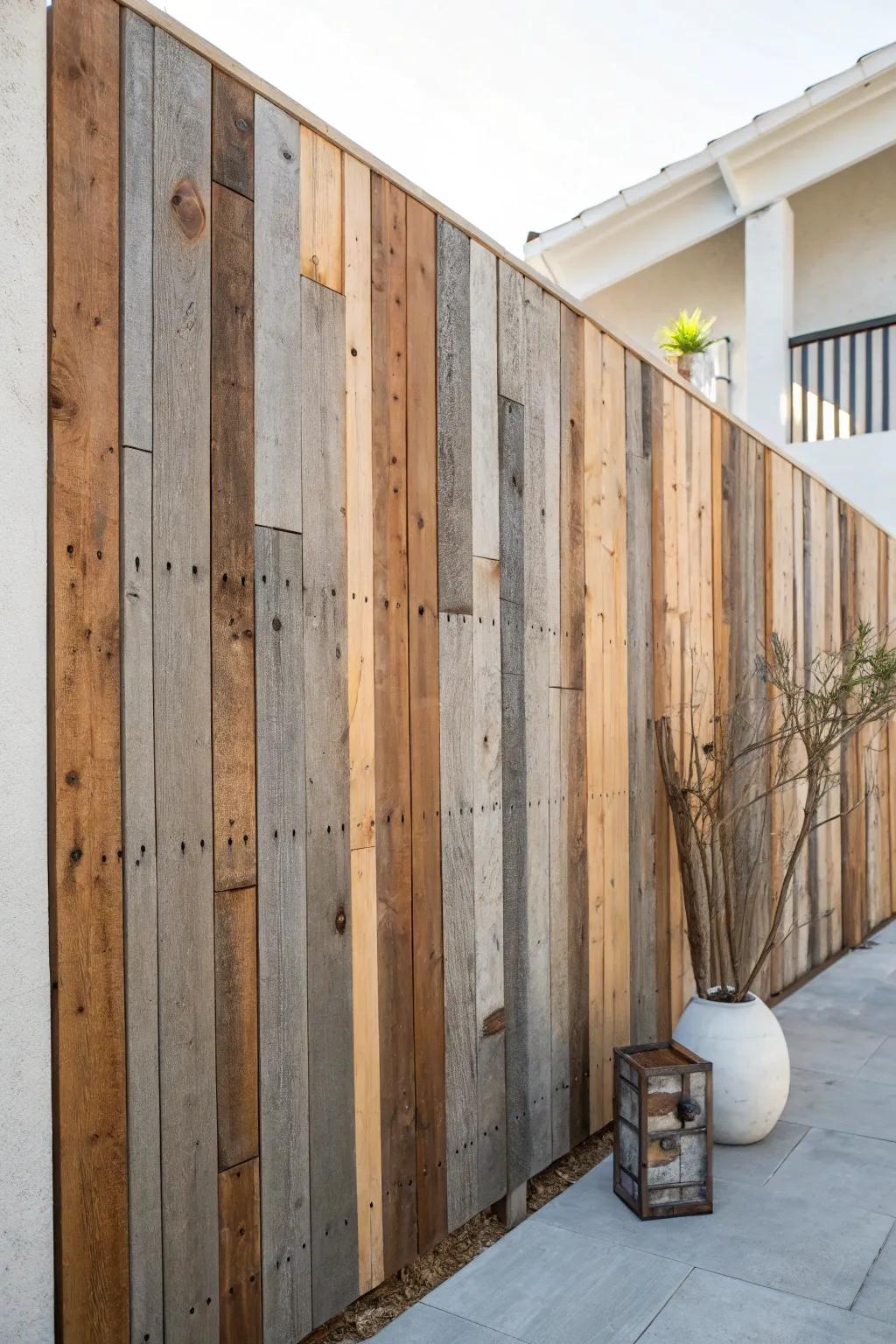 Patchwork privacy fence from salvaged deck boards—weathered tones, modern lines, budget friendly.