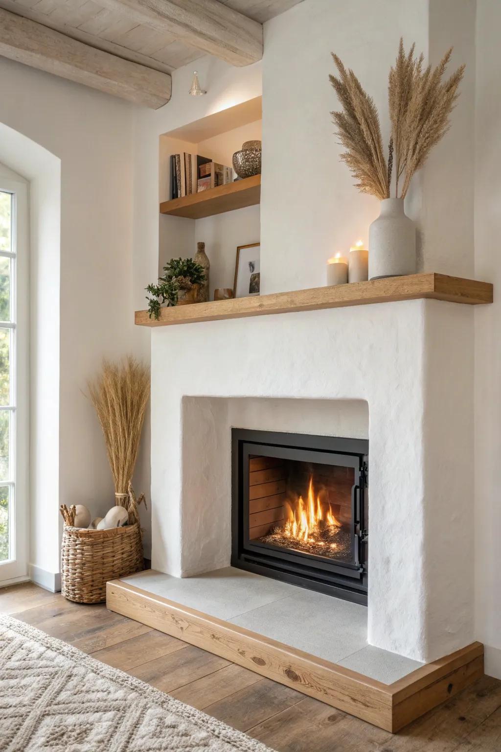 A snug corner inset fireplace alcove with simple oak trim—minimal, warm, and handmade.