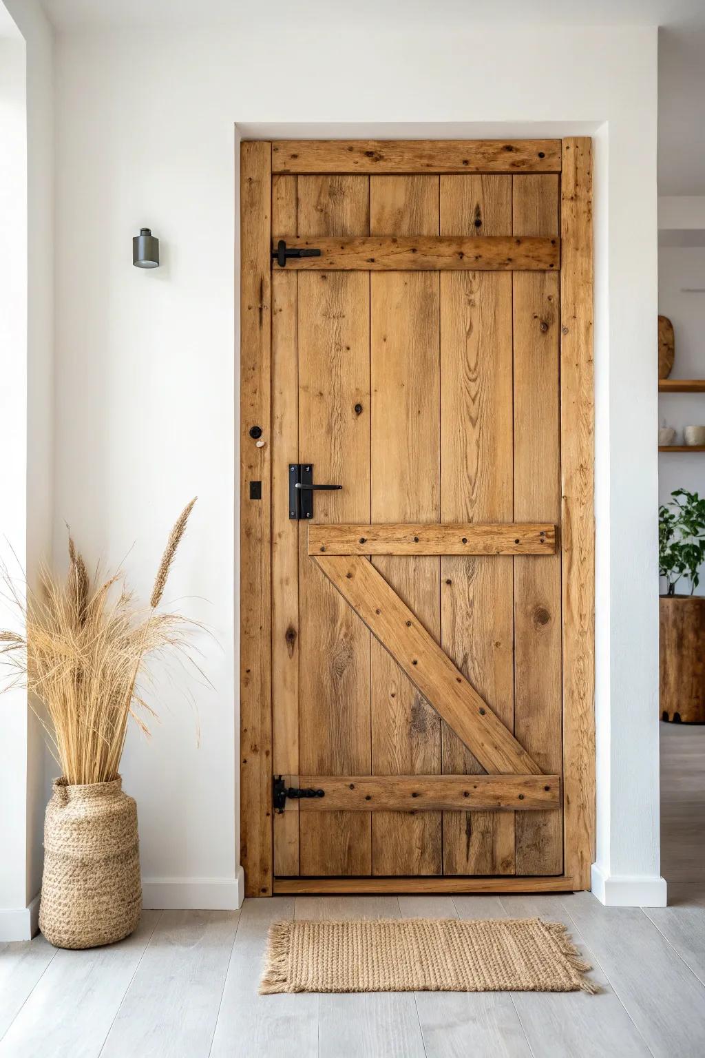 Reclaimed wood door with knots and nail holes—farmhouse soul in a clean, modern frame.