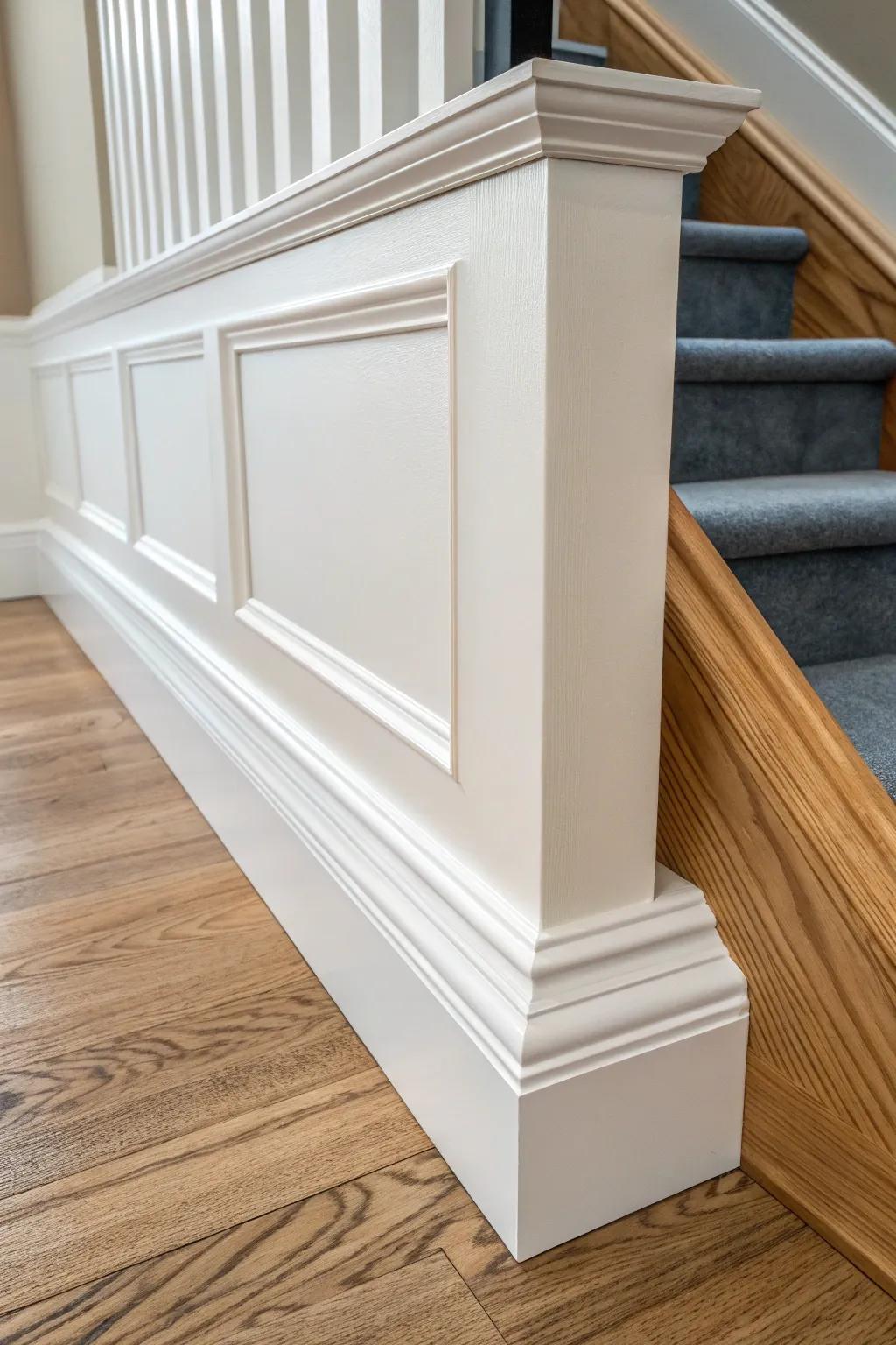Two-tone colonial trim: bright white profiles against a moody wall shade for standout contrast.