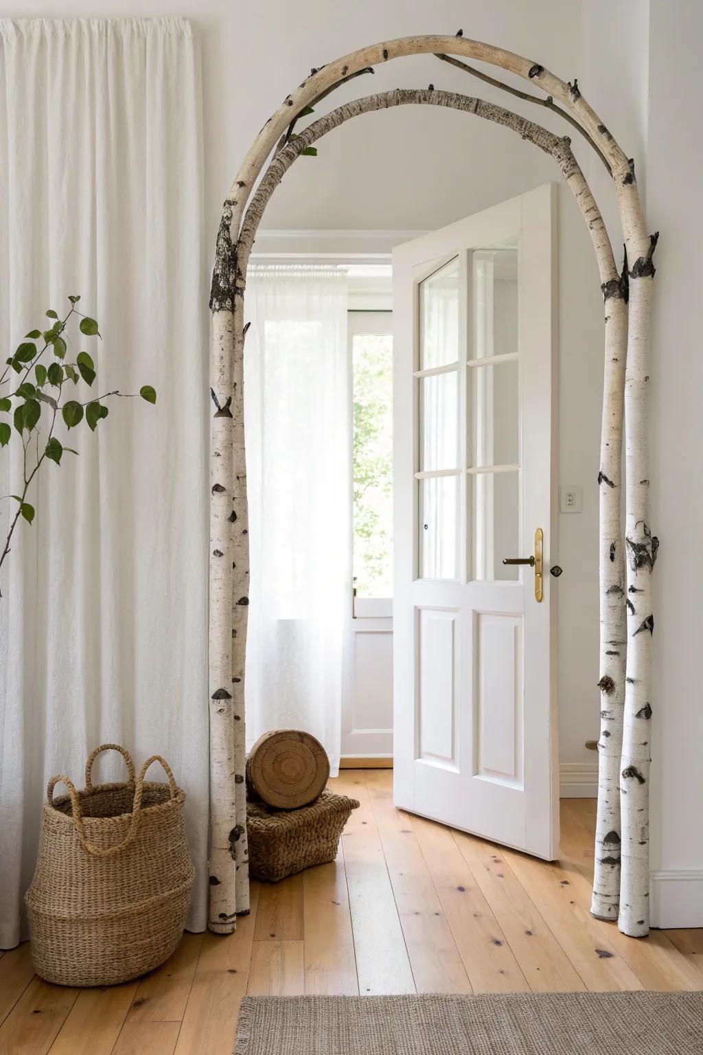 Birch branch doorway arch—soft rustic trim with crisp white bark contrast and calm Nordic style.
