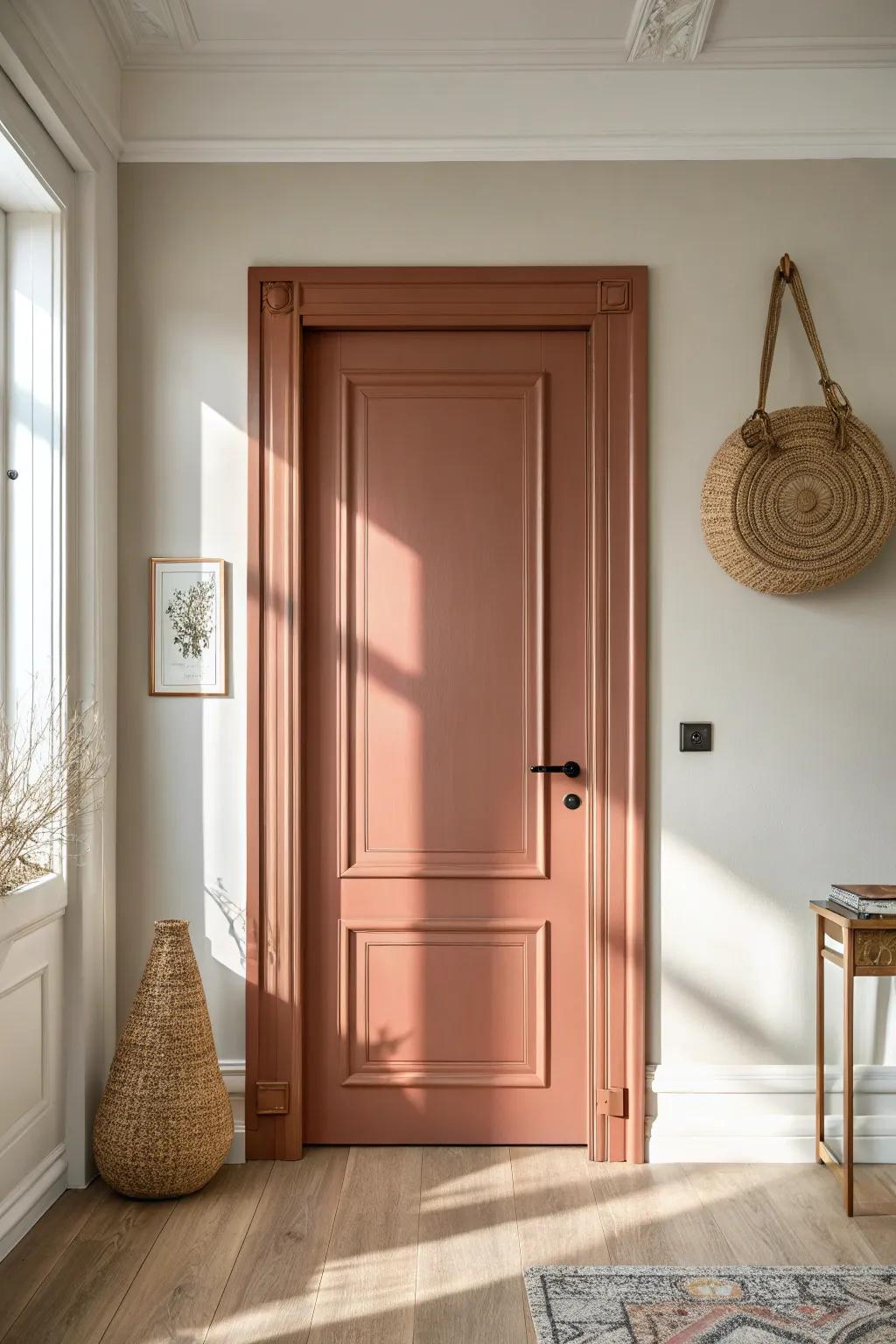 Color-drenched door + trim in one shade for a seamless, modern look that visually expands the room.