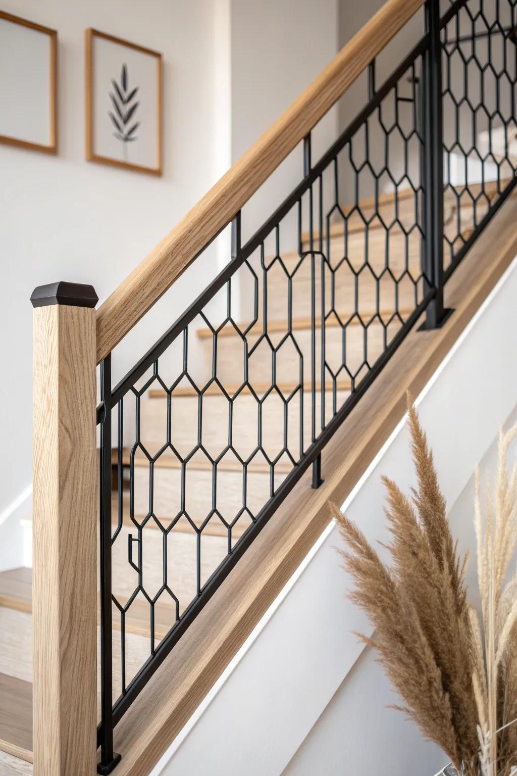 Geometric black metal balusters + pale oak: a stair railing that feels like functional wall art.