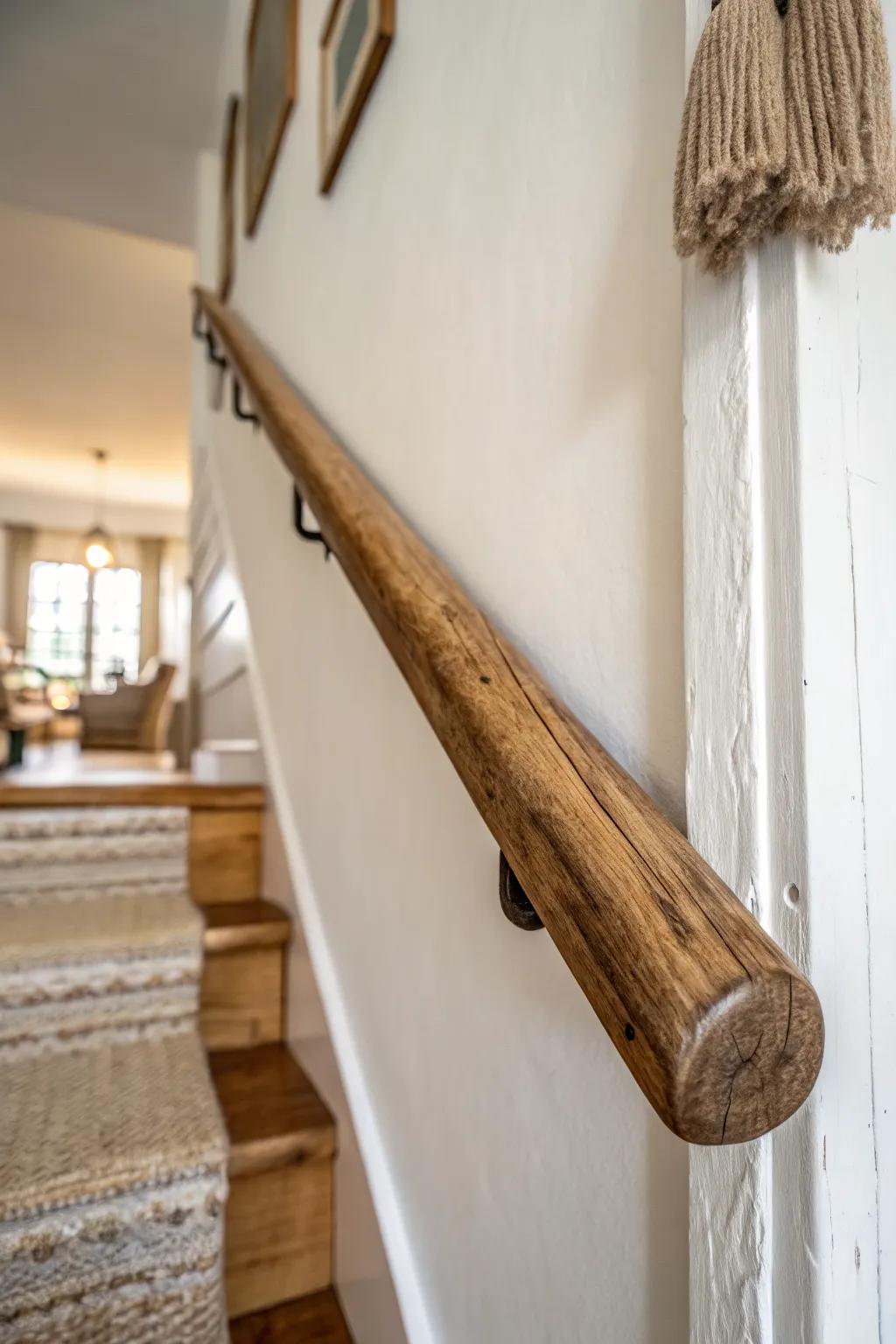 Reclaimed wood handrail with saw marks—rustic texture, smooth grip, and clean minimalist contrast.