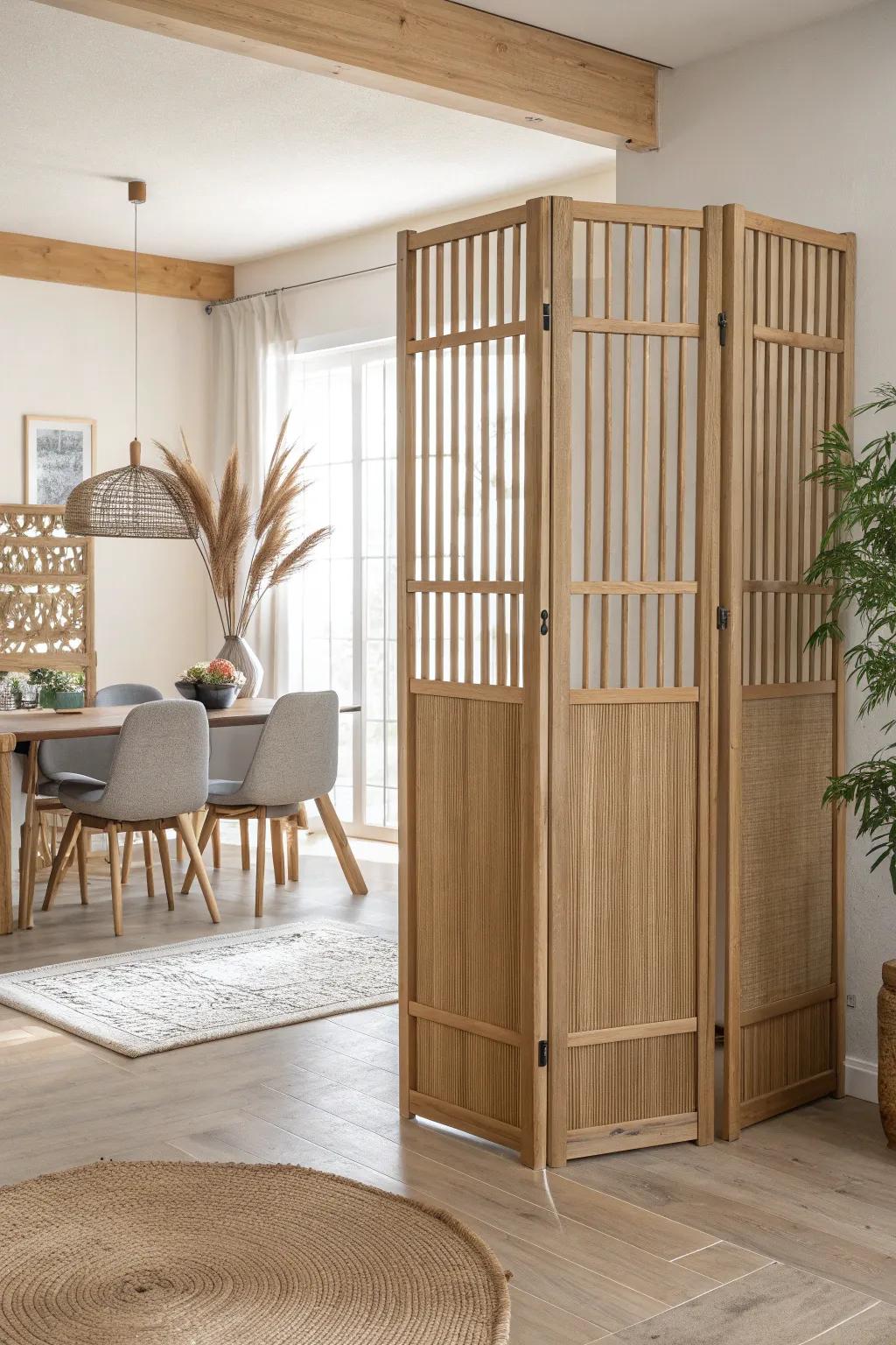 Airy oak slat divider that defines dining and living zones while keeping light flowing.