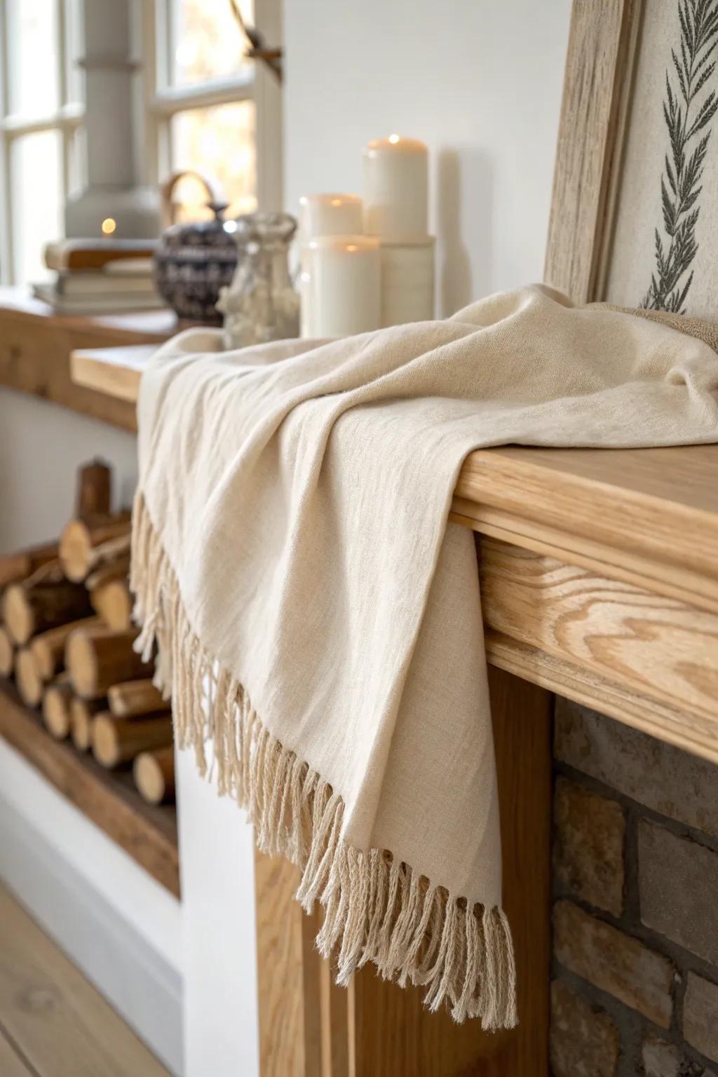 Winter neutrals: a soft linen drape on warm wood for instant cozy January mantel charm.