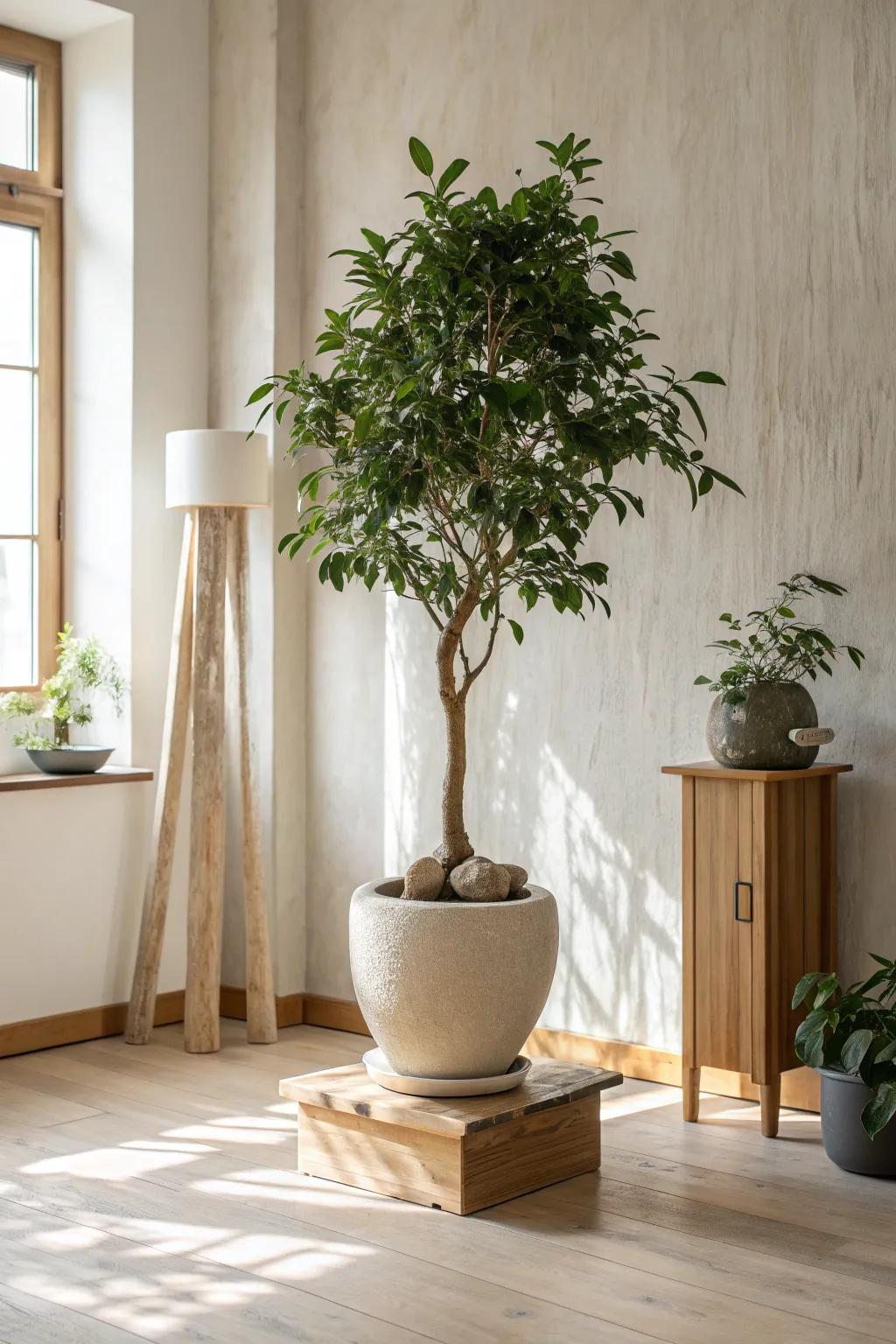 One sculptural plant turns a minimalist Japanese-modern space into a calm green focal point.