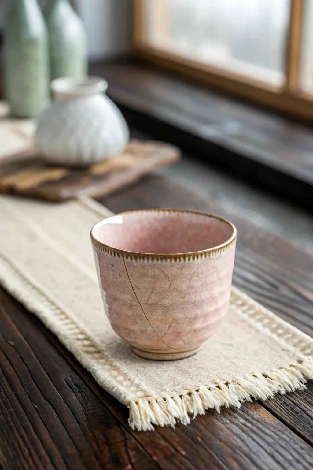 A single blush yunomi adds a quiet spring hint to a minimalist Japanese table setting.