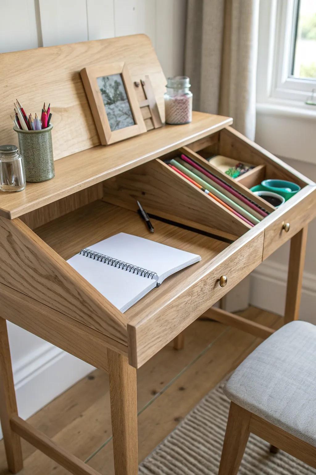Flip-top desk keeps homework clean and art supplies tucked away—beautifully simple.