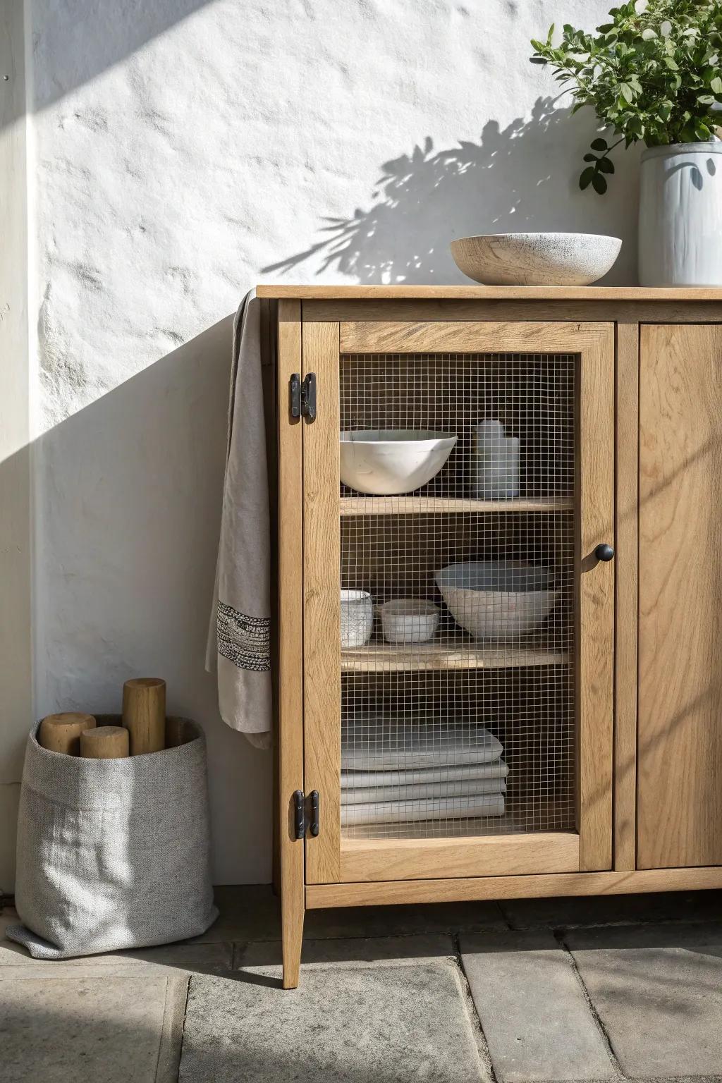Wire mesh cabinet door insert: rustic-industrial charm with airy Scandinavian simplicity.