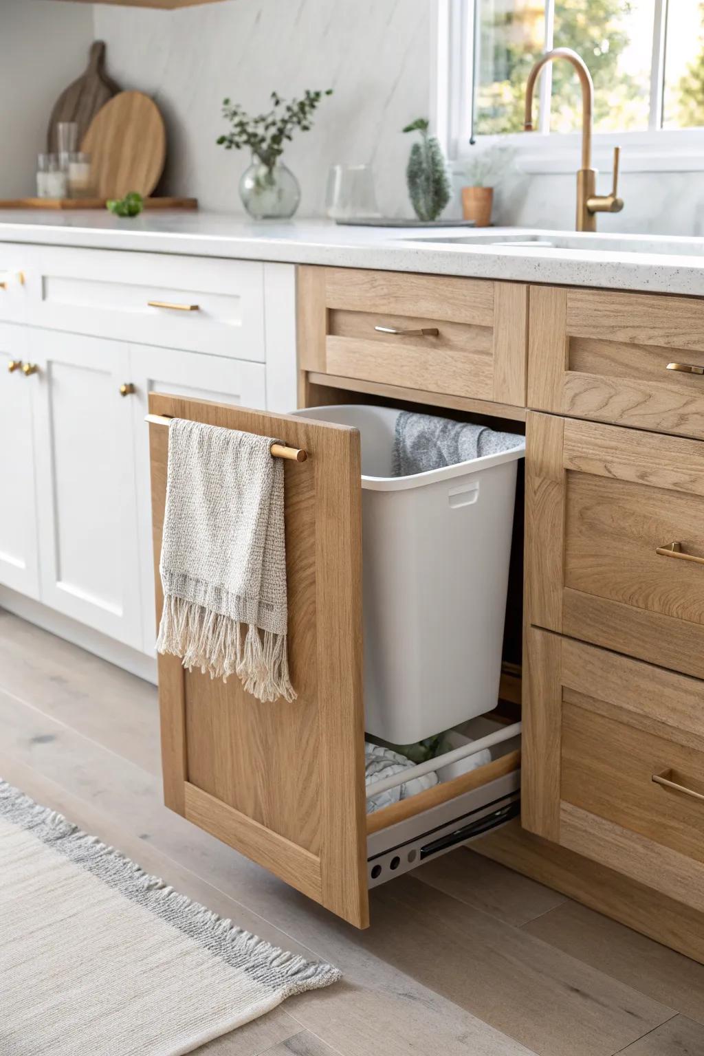 Hide the bin in a sleek pull-out cabinet to free floor space and keep small kitchens looking calm.