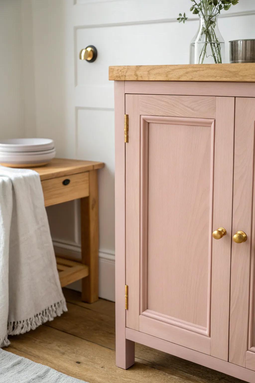 Dusty blush cabinet front with warm oak tones—soft, grown‑up color that still feels modern.