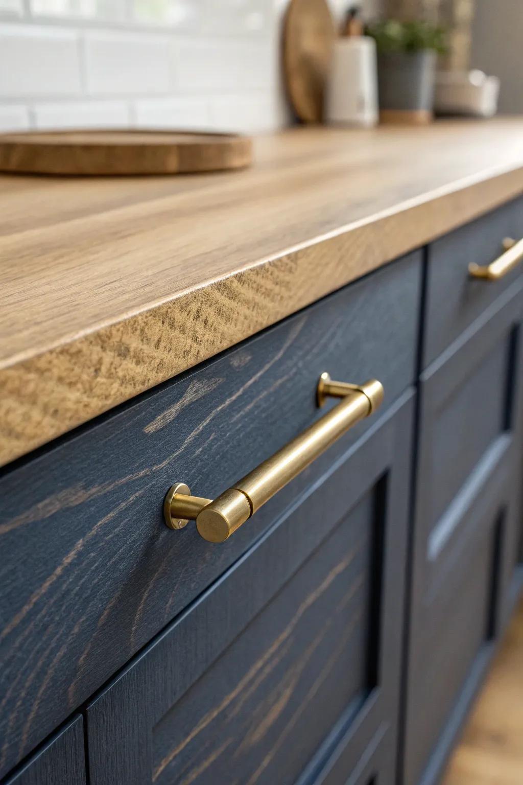 Unlacquered brass pulls on navy cabinetry—patina that turns everyday use into heritage.