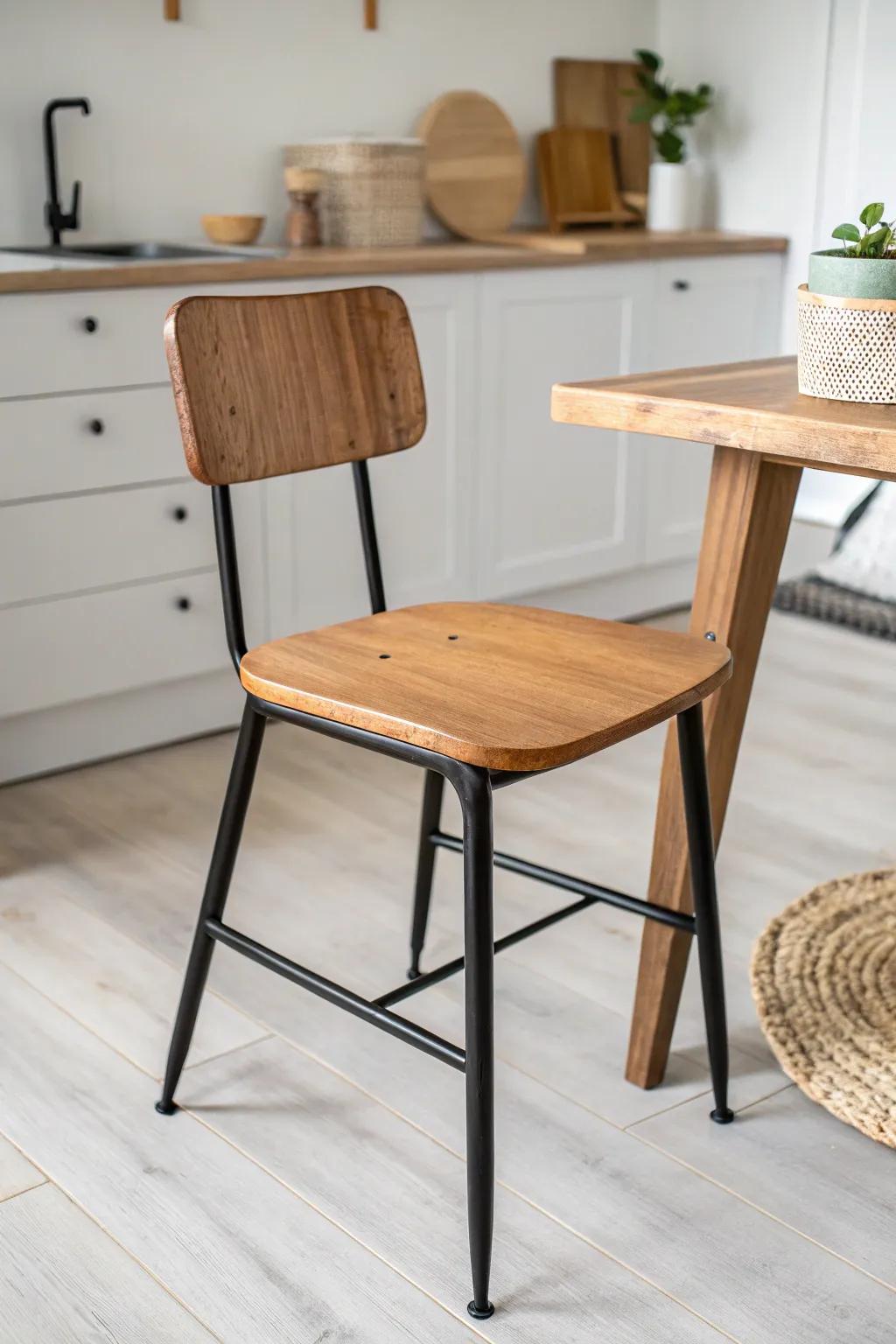 Warm oak seat + matte black steel frame: an industrial chair that sharpens a light kitchen.