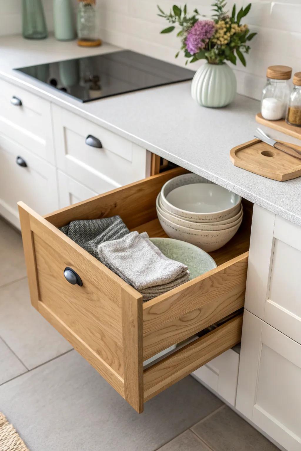 A corner drawer that turns awkward space into elegant storage for bowls and kitchen essentials.